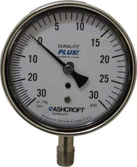 Ashcroft - 3-1/2" Dial, 1/4 Thread, 30-0-30 Scale Range, Pressure Gauge - Lower Connection Mount, Accurate to 1% of Scale - Exact Tool & Supply