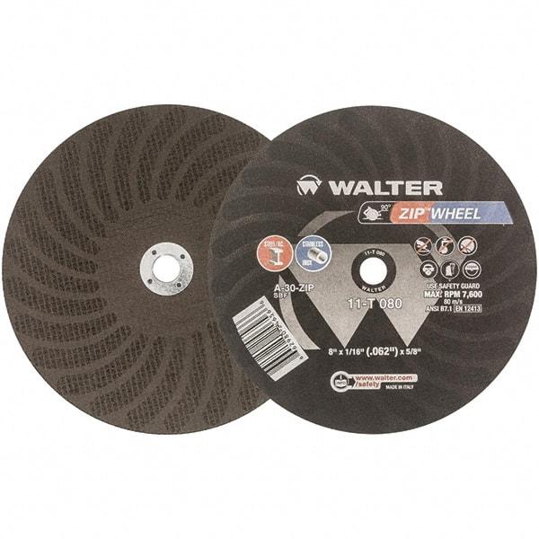 WALTER Surface Technologies - 8" 30 Grit Aluminum Oxide Cutoff Wheel - 1/16" Thick, 5/8" Arbor, 7,600 Max RPM, Use with Circular Saws - Exact Tool & Supply