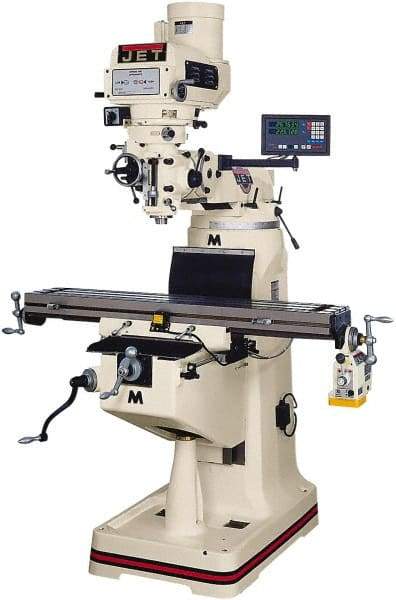 Jet - 9" Table Width x 42" Table Length, Variable Speed Pulley Control, 3 Phase Knee Milling Machine - R8 Spindle Taper, 3 hp - Exact Tool & Supply