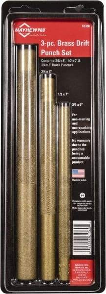 Mayhew - 3 Piece, 3/8 to 3/4", Drift Punch Set - Round Shank, Brass, Comes in Pouch - Exact Tool & Supply