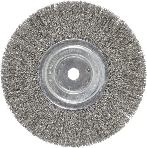 Weiler - 8" OD, 5/8" Arbor Hole, Crimped Steel Wheel Brush - 1/2" Face Width, 2-1/16" Trim Length, 0.014" Filament Diam, 6,000 RPM - Exact Tool & Supply