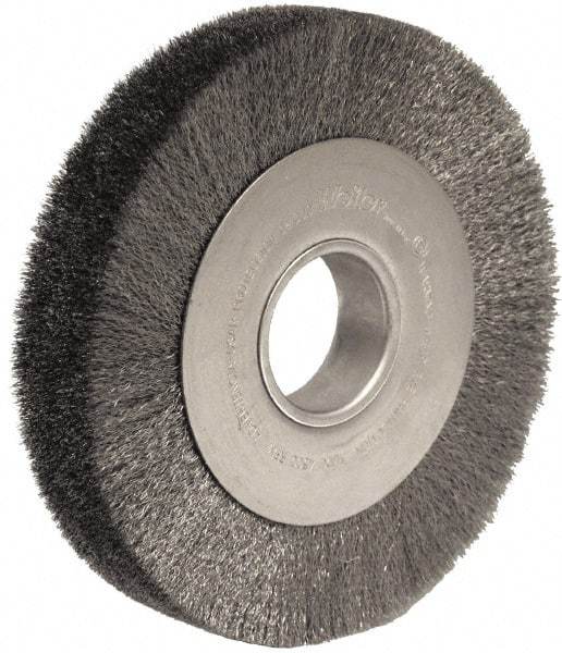 Weiler - 8" OD, 2" Arbor Hole, Crimped Steel Wheel Brush - 1-1/2" Face Width, 1-3/8" Trim Length, 0.006" Filament Diam, 4,500 RPM - Exact Tool & Supply
