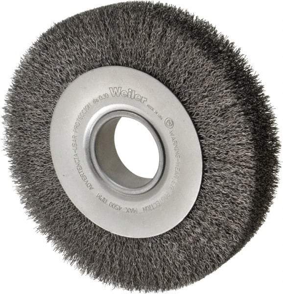 Weiler - 8" OD, 2" Arbor Hole, Crimped Steel Wheel Brush - 1-1/2" Face Width, 1-3/8" Trim Length, 0.014" Filament Diam, 4,500 RPM - Exact Tool & Supply