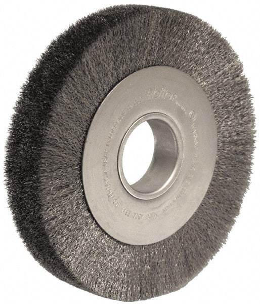 Weiler - 8" OD, 2" Arbor Hole, Crimped Stainless Steel Wheel Brush - 1-1/2" Face Width, 1-3/8" Trim Length, 0.0118" Filament Diam, 4,500 RPM - Exact Tool & Supply