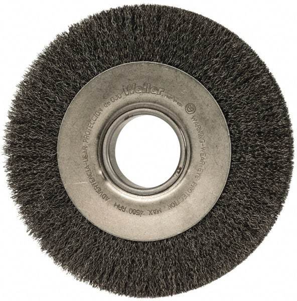 Weiler - 8" OD, 2" Arbor Hole, Crimped Steel Wheel Brush - 1" Face Width, 1-3/8" Trim Length, 0.0118" Filament Diam, 4,500 RPM - Exact Tool & Supply