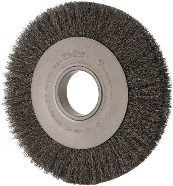 Weiler - 8" OD, 2" Arbor Hole, Crimped Steel Wheel Brush - 1" Face Width, 1-3/8" Trim Length, 0.014" Filament Diam, 4,500 RPM - Exact Tool & Supply