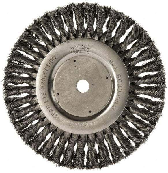 Weiler - 8" OD, 5/8" Arbor Hole, Knotted Steel Wheel Brush - 5/8" Face Width, 1-5/8" Trim Length, 0.0118" Filament Diam, 6,000 RPM - Exact Tool & Supply