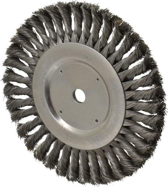 Weiler - 8" OD, 5/8" Arbor Hole, Knotted Steel Wheel Brush - 5/8" Face Width, 1-5/8" Trim Length, 0.016" Filament Diam, 6,000 RPM - Exact Tool & Supply