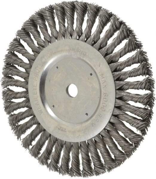 Weiler - 8" OD, 5/8" Arbor Hole, Knotted Steel Wheel Brush - 5/8" Face Width, 1-5/8" Trim Length, 0.023" Filament Diam, 6,000 RPM - Exact Tool & Supply