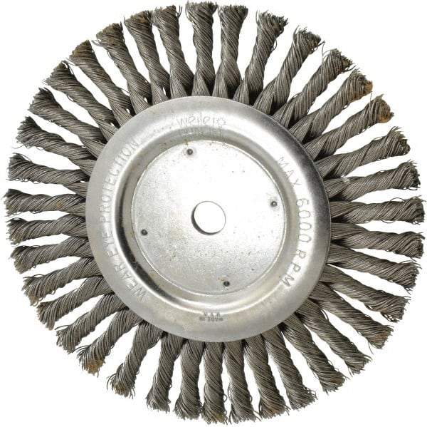 Weiler - 8" OD, 5/8" Arbor Hole, Knotted Steel Wheel Brush - 1/2" Face Width, 1-5/8" Trim Length, 0.023" Filament Diam, 6,000 RPM - Exact Tool & Supply