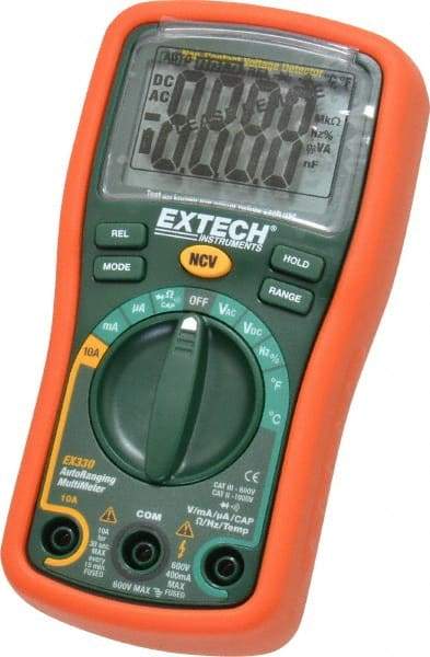 Extech - EX330, CAT III, 600 VAC/VDC, Digital Auto Ranging Multimeter - 40 mOhm, Measures Voltage, Capacitance, Current, Frequency, Resistance, Temperature - Exact Tool & Supply