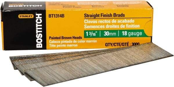 Stanley Bostitch - 18 Gauge 0.05" Shank Diam 1-3/16" Long Brad Nails for Power Nailers - Steel, Bright Finish, Ring Shank, Straight Stick Adhesive Collation, Brad Head, Chisel Point - Exact Tool & Supply