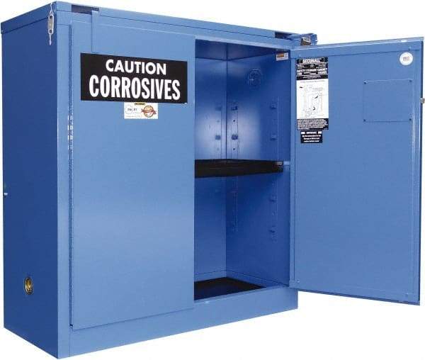 Securall Cabinets - 2 Door, 1 Shelf, Blue Steel Standard Safety Cabinet for Corrosive Chemicals - 46" High x 43" Wide x 18" Deep, Self Closing Door, 3 Point Key Lock, 30 Gal Capacity - Exact Tool & Supply
