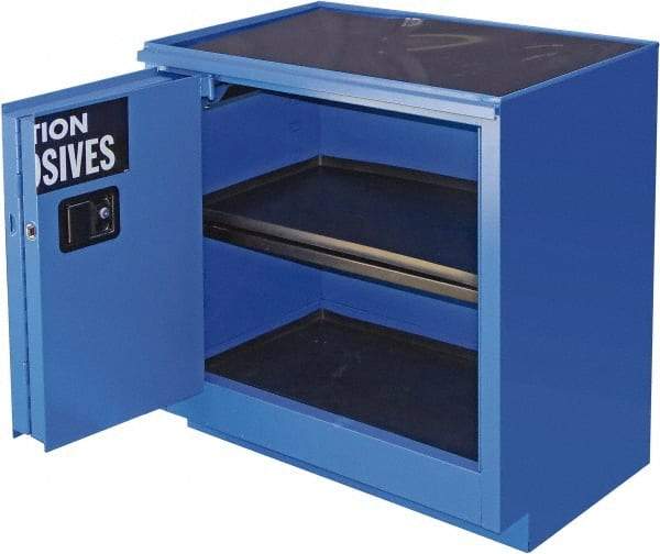 Securall Cabinets - 2 Door, 1 Shelf, Blue Steel Standard Safety Cabinet for Corrosive Chemicals - 36" High x 35" Wide x 22" Deep, Sliding Door, 3 Point Key Lock, 24 Gal Capacity - Exact Tool & Supply