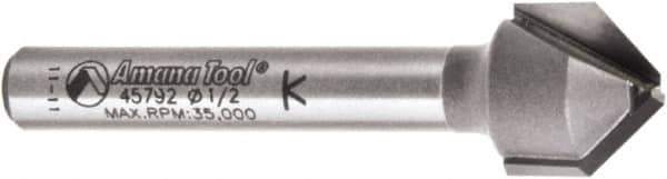 Amana Tool - 1/2" Cut Diam, 3/8" Length of Cut, 2 Flute V-Groove Edge Profile Router Bit - Carbide-Tipped, 1/4" Shank Diam, 2" OAL, Uncoated - Exact Tool & Supply