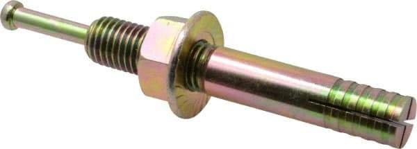 Wej-It - 3/4" Diam, 3/4" Drill, 5" OAL, 1-3/8" Min Embedment Hammer Drive Concrete Anchor - 1018 Iron (Pin)/Steel (Body), Zinc Yellow Dichromate Finish, Hex Nut Head, Hex Drive - Exact Tool & Supply