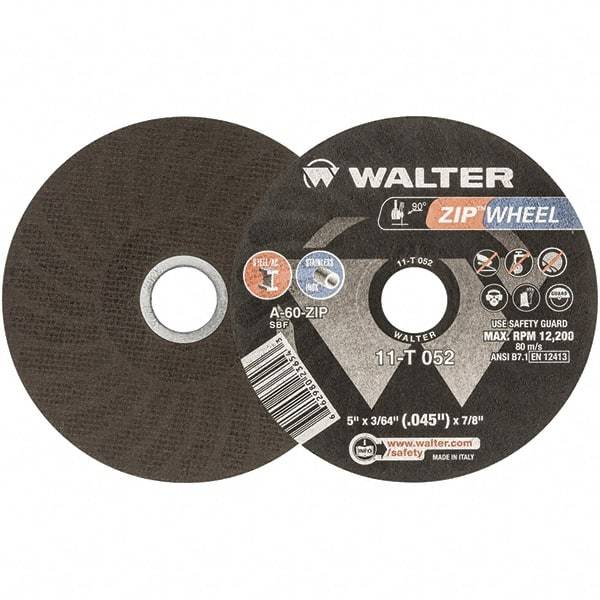 WALTER Surface Technologies - 5" 60 Grit Aluminum Oxide Cutoff Wheel - 3/64" Thick, 7/8" Arbor, 12,200 Max RPM, Use with Angle Grinders - Exact Tool & Supply