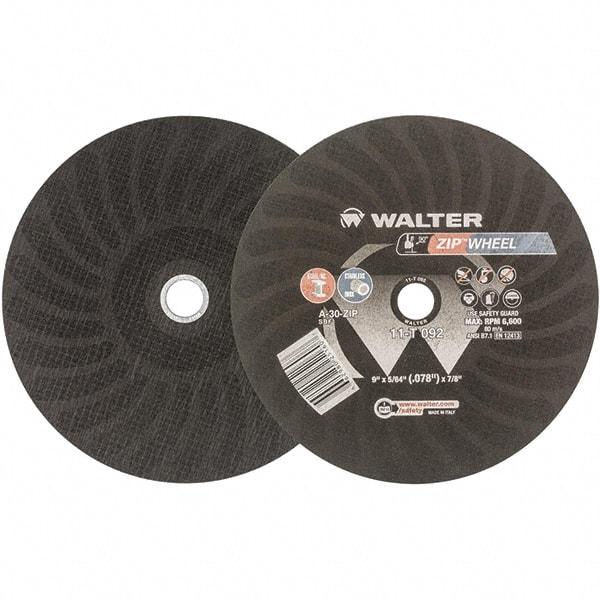 WALTER Surface Technologies - 9" 30 Grit Aluminum Oxide Cutoff Wheel - 5/64" Thick, 7/8" Arbor, 6,800 Max RPM, Use with Angle Grinders - Exact Tool & Supply