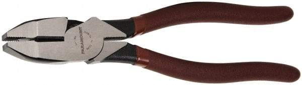 Paramount - 9" OAL, 1-9/16" Jaw Length x 1-1/4" Jaw Width, Side Cutting Linesman's Pliers - Serrated Jaw, New England Style Head, Bi-Material Plastic Dipped Handles - Exact Tool & Supply