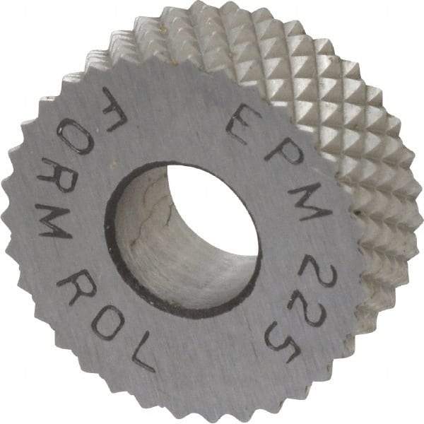 Made in USA - 1/2" Diam, 90° Tooth Angle, 25 TPI, Standard (Shape), Form Type High Speed Steel Male Diamond Knurl Wheel - 3/16" Face Width, 3/16" Hole, Circular Pitch, 30° Helix, Bright Finish, Series EP - Exact Tool & Supply