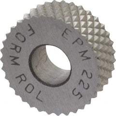 Made in USA - 1/2" Diam, 90° Tooth Angle, 25 TPI, Standard (Shape), Form Type High Speed Steel Male Diamond Knurl Wheel - 3/16" Face Width, 3/16" Hole, Circular Pitch, 30° Helix, Bright Finish, Series EP - Exact Tool & Supply