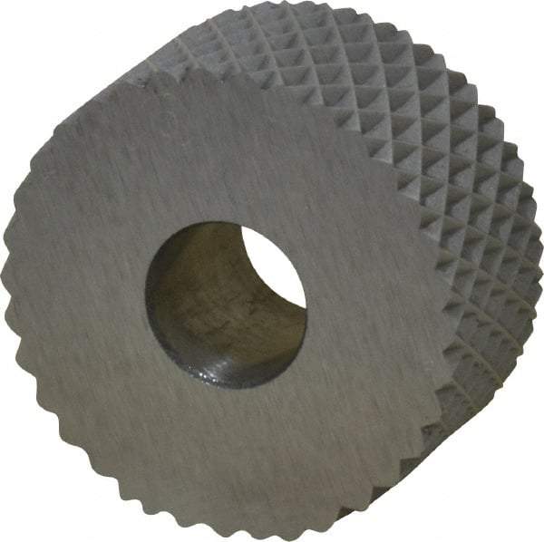Made in USA - 3/4" Diam, 90° Tooth Angle, 14 TPI, Standard (Shape), Form Type High Speed Steel Female Diamond Knurl Wheel - 3/8" Face Width, 1/4" Hole, Circular Pitch, 30° Helix, Bright Finish, Series KP - Exact Tool & Supply