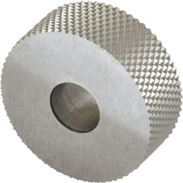 Made in USA - 1" Diam, 90° Tooth Angle, 25 TPI, Standard (Shape), Form Type High Speed Steel Male Diamond Knurl Wheel - 3/8" Face Width, 5/16" Hole, Circular Pitch, 30° Helix, Bright Finish, Series OU - Exact Tool & Supply