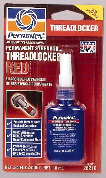 Permatex - 10 mL Bottle, Red, High Strength Liquid Threadlocker - Series 262, 24 hr Full Cure Time, Hand Tool, Heat Removal - Exact Tool & Supply
