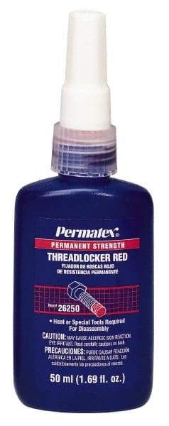 Permatex - 50 mL Bottle, Red, High Strength Liquid Threadlocker - Series 262, 24 hr Full Cure Time, Hand Tool, Heat Removal - Exact Tool & Supply
