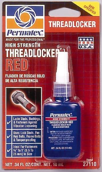 Permatex - 10 mL Bottle, Red, High Strength Liquid Threadlocker - Series 271, 24 hr Full Cure Time, Hand Tool, Heat Removal - Exact Tool & Supply