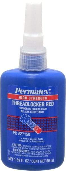 Permatex - 50 mL Bottle, Red, High Strength Liquid Threadlocker - Series 271, 24 hr Full Cure Time, Hand Tool, Heat Removal - Exact Tool & Supply