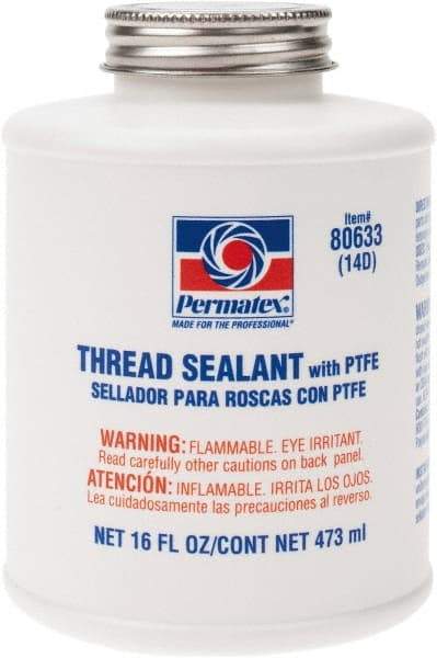 Permatex - 16 oz Brush Top Can White Thread Sealant - PTFE Based, 300°F Max Working Temp, For Use with Fittings - Exact Tool & Supply
