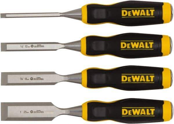 DeWALT - 4 Piece Wood Chisel Set - 11-29/32" OAL, High-impact Polypropylene & Rubber, Sizes Included 1/4 to 1" - Exact Tool & Supply