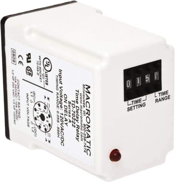 Macromatic - 8 Pin, 999 hr Delay, Multiple Range DPDT Time Delay Relay - 10 Contact Amp, 240 VAC, Pushbutton Thumbwheel - Exact Tool & Supply