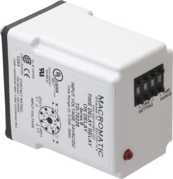 Macromatic - 8 Pin, 999 hr Delay, Multiple Range DPDT Time Delay Relay - 10 Contact Amp, 24 VAC/VDC, Pushbutton Thumbwheel - Exact Tool & Supply