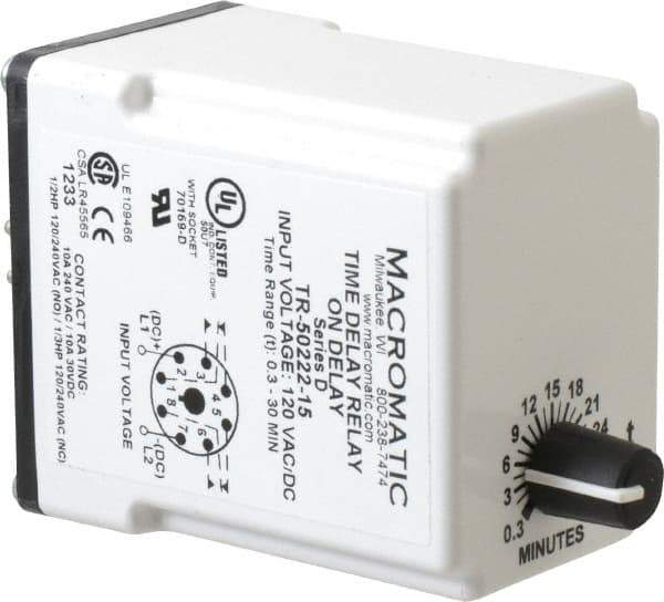Macromatic - 8 Pin, 0.3 to 30 min Delay, Multiple Range DPDT Time Delay Relay - 10 Contact Amp, 120 VAC/VDC, Knob - Exact Tool & Supply