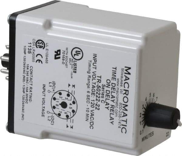 Macromatic - 8 Pin, 10 min Delay, Multiple Range DPDT Time Delay Relay - 10 Contact Amp, 120 VAC/VDC, Knob - Exact Tool & Supply