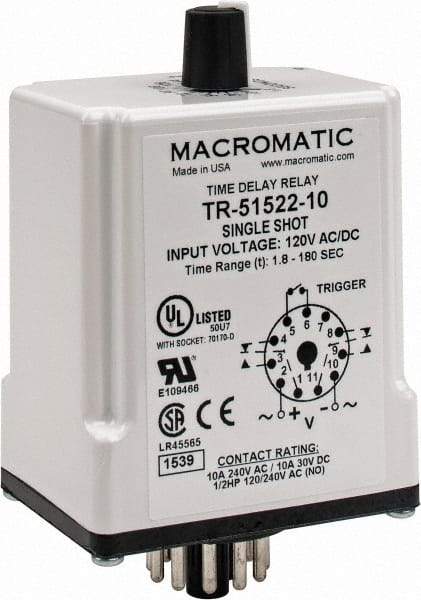 Macromatic - 11 Pin, Multiple Range DPDT Time Delay Relay - 10 Contact Amp, 120 VAC/VDC, Knob - Exact Tool & Supply