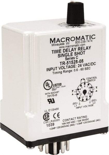 Macromatic - 11 Pin, Multiple Range DPDT Time Delay Relay - 10 Contact Amp, 24 VAC/VDC, Knob - Exact Tool & Supply