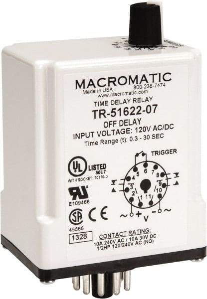 Macromatic - 11 Pin, Multiple Range DPDT Time Delay Relay - 10 Contact Amp, 120 VAC/VDC, Knob - Exact Tool & Supply
