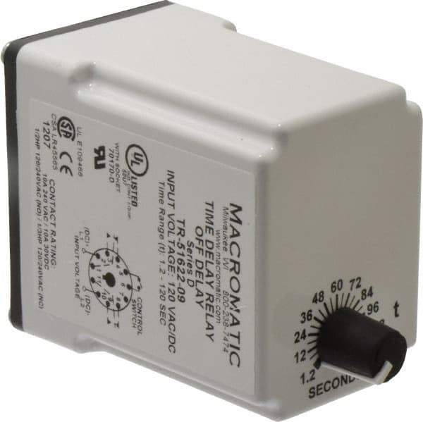 Macromatic - 11 Pin, Multiple Range DPDT Time Delay Relay - 10 Contact Amp, 120 VAC/VDC, Knob - Exact Tool & Supply