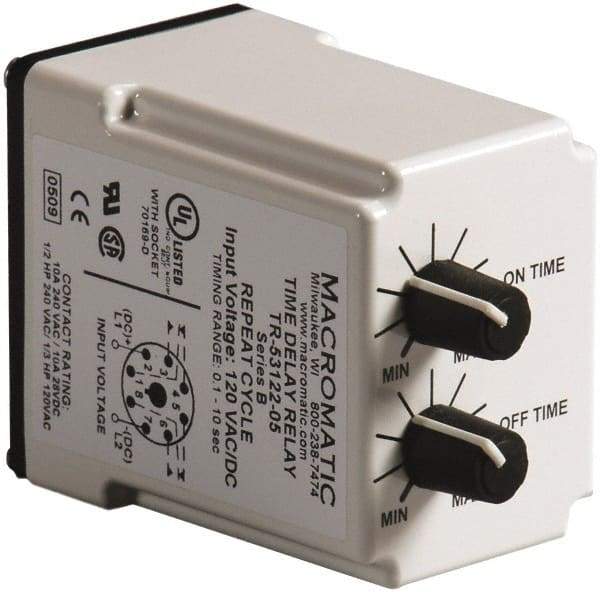 Macromatic - 8 Pin, 10 min Delay, Multiple Range DPDT Time Delay Relay - 10 Contact Amp, 120 VAC/VDC, Knob - Exact Tool & Supply