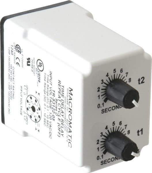Macromatic - 8 Pin, Multiple Range DPDT Time Delay Relay - 10 Contact Amp, 120 VAC/VDC, Knob - Exact Tool & Supply
