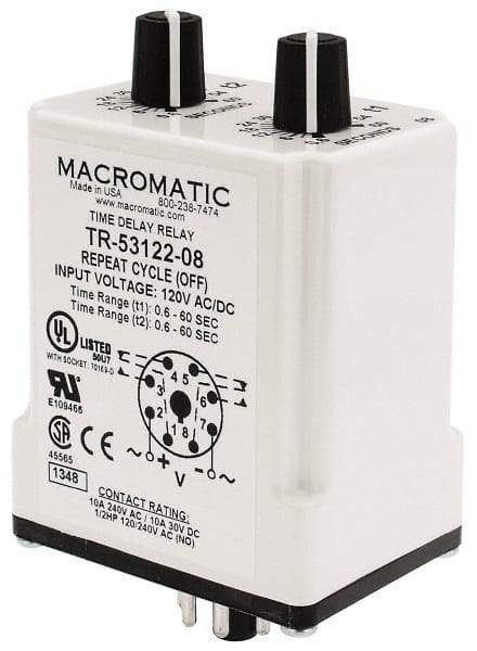 Macromatic - 8 Pin, Multiple Range DPDT Time Delay Relay - 10 Contact Amp, 120 VAC/VDC, Knob - Exact Tool & Supply
