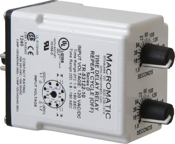 Macromatic - 8 Pin, Multiple Range DPDT Time Delay Relay - 10 Contact Amp, 120 VAC/VDC, Knob - Exact Tool & Supply