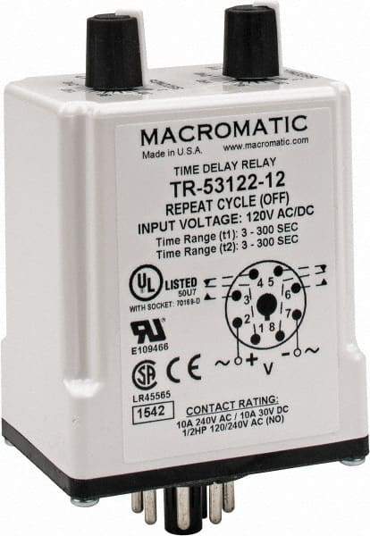 Macromatic - 8 Pin, Multiple Range DPDT Time Delay Relay - 10 Contact Amp, 120 VAC/VDC, Knob - Exact Tool & Supply