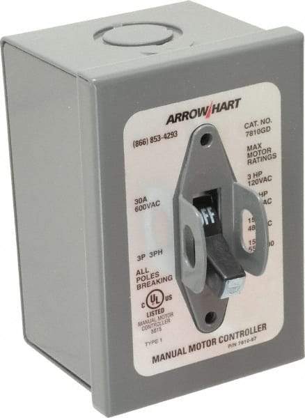 Cooper Wiring Devices - 3 Poles, 30 Amp, 3PST, NEMA, Enclosed Manual Motor Starter - 66.8mm Wide x 118.62mm Deep x 112.27mm High, 15 hp at 480 V, 15 hp at 600 V, 3 hp at 120 V & 7-1/2 hp at 240 V, CSA C22.2 No. 14, NEMA 1 & UL 508 - Exact Tool & Supply