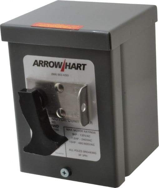 Cooper Wiring Devices - 3 Poles, 30 Amp, 3PST, NEMA, Enclosed Manual Motor Starter - 66.8mm Wide x 118.62mm Deep x 112.27mm High, 15 hp at 480 V, 15 hp at 600 V, 3 hp at 120 V & 7-1/2 hp at 240 V, CSA C22.2 No. 14, NEMA 3R & UL 508 - Exact Tool & Supply