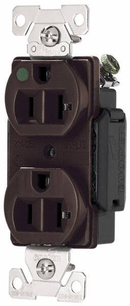 Cooper Wiring Devices - 125 VAC, 20 Amp, 5-20R NEMA Configuration, Brown, Hospital Grade, Self Grounding Duplex Receptacle - 1 Phase, 2 Poles, 3 Wire, Flush Mount, Antimicrobial, Chemical and Impact Resistant - Exact Tool & Supply