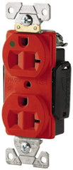 Cooper Wiring Devices - 125 VAC, 20 Amp, 5-20R NEMA Configuration, Red, Hospital Grade, Self Grounding Duplex Receptacle - 1 Phase, 2 Poles, 3 Wire, Flush Mount, Antimicrobial, Chemical and Impact Resistant - Exact Tool & Supply
